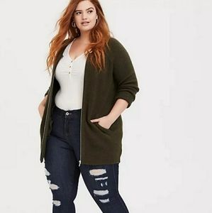 Torrid OLIVE GREEN SWEATER-KNIT COLLARLESS jacket